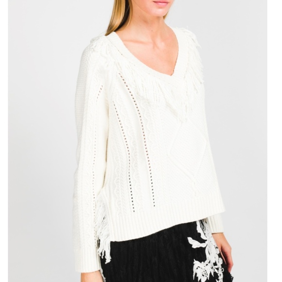 TWIN-SET MILANO KNITTED WOOL SWEATER WITH "V" NECKLINE FRINGE HEM CREAM- L - Picture 5 of 15